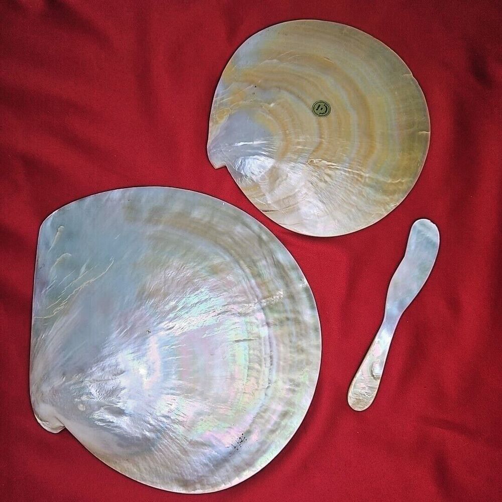 Mother of Pearl Caviar Snack Serving Plates & Knife Shell Polished Trinket